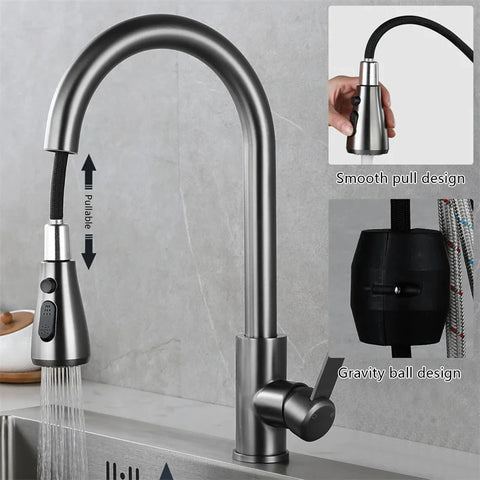 Brushed Nickel Kitchen Faucet Pull Out Sink Tap Deck Mount Mixer with Sprayer Hot Cold Water Tap Silver