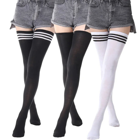 80cm Women’s Thigh High Jacquard Socks - Solid Color, Three Bar Design for Autumn/Winter