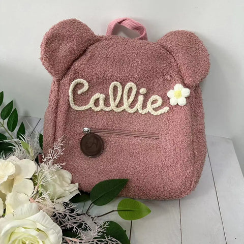 Custom Name Hand-embroidered Teddy Bear Backpack Travel Shopping Bag Women’s Rucksack