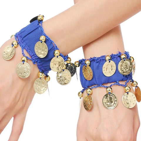 Belly Dance Wrist & Ankle Cuffs with Chiffon Gold Coins - Costume Accessories
