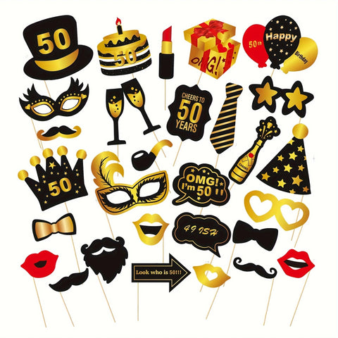50th Birthday Party Photo Booth Props - 30pc Black & Gold Decoration Kit
