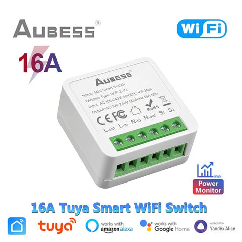 16A Smart WiFi Light Switch, 2-Way Mini Switch with Power Meter, Works with Alexa, Google Home, Yandex, Smart Life
