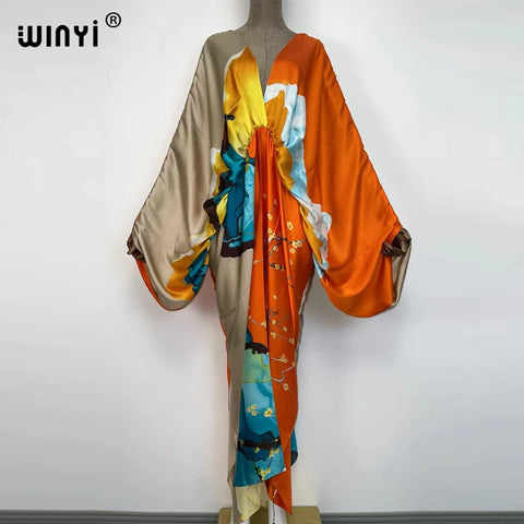 Deep V-Neck Boho Beach Kaftan Maxi Dress - Sexy Silk Rayon Print Long Robe Style Sukienka for Women 2022