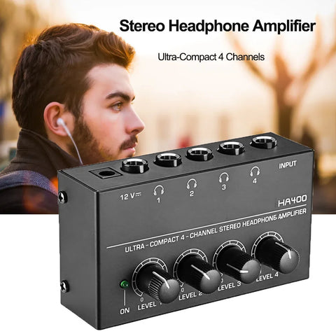 4-Channel Mini Headphone Amplifier HA400 Stereo Audio Amp with Power Adapter for Music 10MHz Earphone Amp