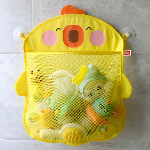 Cartoon Duck Baby Bath Mesh Storage Bag with Suction, Kids Animal Shape Bathroom Organizer