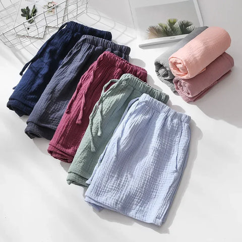 Cotton Crepe Sleep Shorts for Men and Women - Summer Elastic Waist Pajama Bottoms