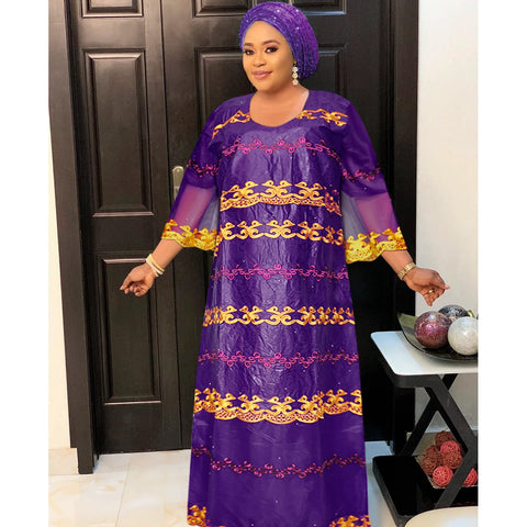 African Embroidery Bazin Riche Dress & Turban – Lace Patchwork Vestido For Wedding Ramadan