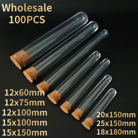 100pcs Clear Plastic Test Tubes with Corks, 12-25mm, Round Bottom Candy Party Favors, Wedding Vials