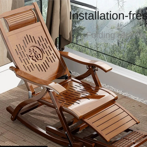 Folding Bamboo Rocking Chair for Balcony & Home, Easy Leisure Nap Recliner, Portable Lounge Chair