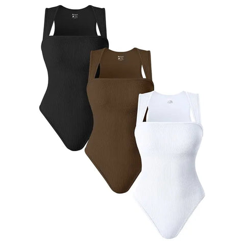 3 Pack Ribbed Bodysuits for Women - Strappy Square Neck Sleeveless Tops with Tummy Control