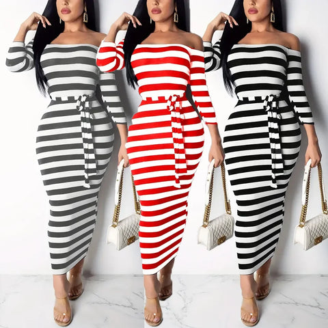 2024 Striped Summer Bodycon Midi Dress for Women, Slash Neck, Lace Up, 3/4 Sleeve, Casual Pencil Style