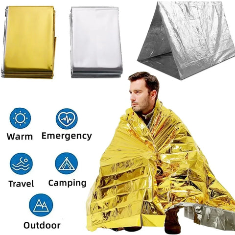 Emergency Thermal Poncho Blanket: Lightweight, Waterproof, Windproof, Reusable Sunshade & Camping Mat