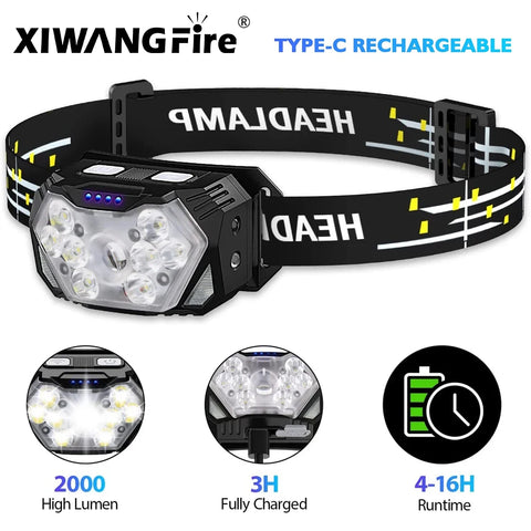 9 LED Headlamp Rechargeable, Motion Sensor, 1200mAh, USB, for Fishing, Camping, Outdoor