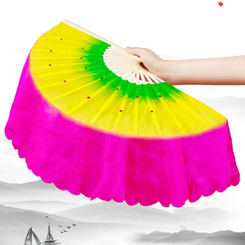 Chinese Belly Dance Fans Bamboo 30cm Silk Veil 20cm Half Circle Yangko Hand-Dyed Pairs for Adults