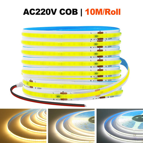 220V COB LED Strip Light 5m-50m, Super Bright 240 LEDs, Flex Tape, Ra90, Warm/Natural White, Blue, Red, Pink
