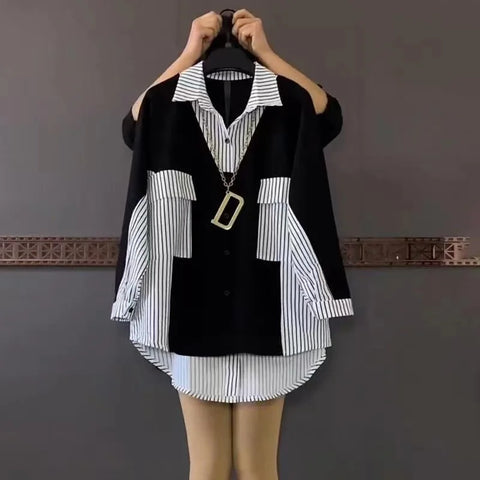 2024 Women's Casual Loose Striped Patchwork Long Sleeve Shirt Blouse