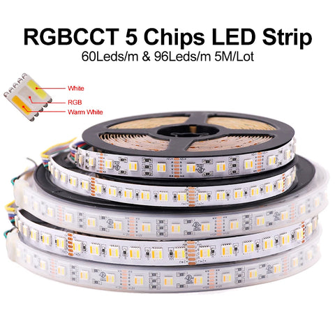 5m RGB+CCT LED Strip Light 12V/24V 6-Pin 5050 RGB+W+WW Flexible Waterproof Tape, 60/96 LEDs, Indoor/Outdoor Decor Strip