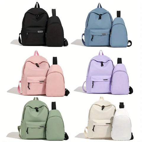 2-Piece Nylon Backpack Set for Women - Large Capacity Travel & School Bags, Solid Color, Casual & Practical