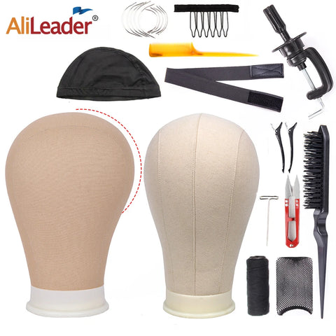 Canvas Block Head Mannequin for Styling and Wig Display with Stand and Needle Holder