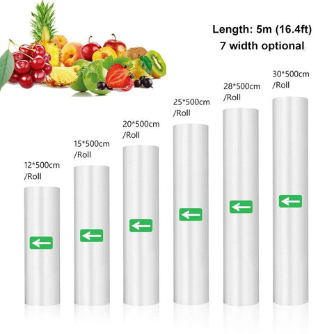 Food Vacuum Sealer Bags Rolls (5 Sizes) - Keep Food Fresh: 12/15/20/25/30cm x 500cm