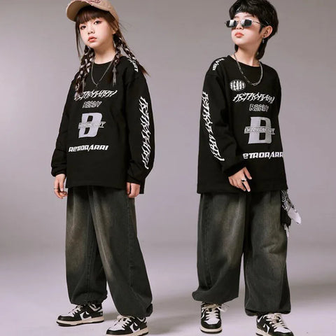 Boys Oversized Hip Hop Shirt & Baggy Denim Pants Streetwear Dance Costume Kids Tango Jazz Outfit