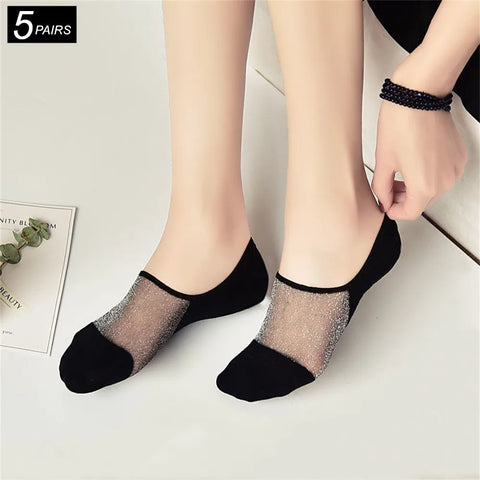 5 Pairs Ultra Thin Transparent Silk Socks, Anti-Slip Cotton Sole, Invisible Low Cut for Spring/Summer