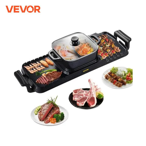 2in1 Electric Grill and Hot Pot, 2400W Multifunction, Portable Smokeless Nonstick BBQ Plate for Home Cooking