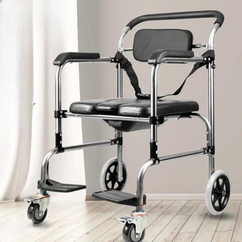Folding Mobile Bath & Toilet Chair with Wheels for Disabled & Pregnant Women - Stainless Steel Shower Seat