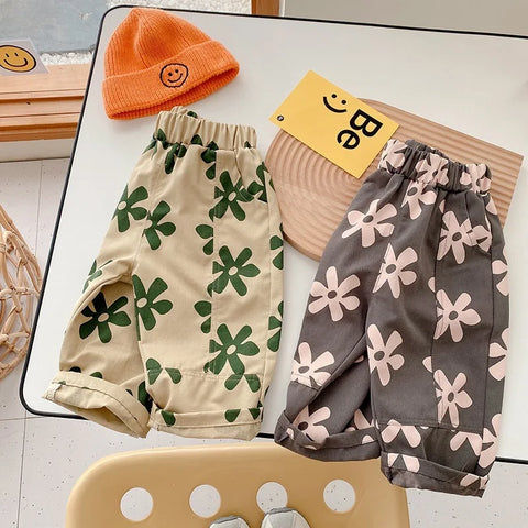 Baby Toddler Retro Floral Cotton Pants - Loose, Breathable, Comfortable Autumn Trousers for Girls & Boys