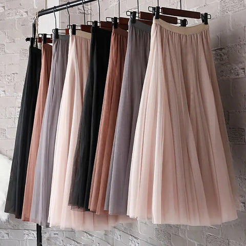 Elegant 720-Degree A-Line Mesh Skirt, High-Waisted, 10m Medium-Length, Slimming Dance Long Dress
