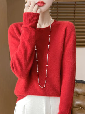 100% Merino Wool Women's O-neck Sweater Long Sleeve Pullover Jumper for Spring, Autumn, Winter Knitwear Top