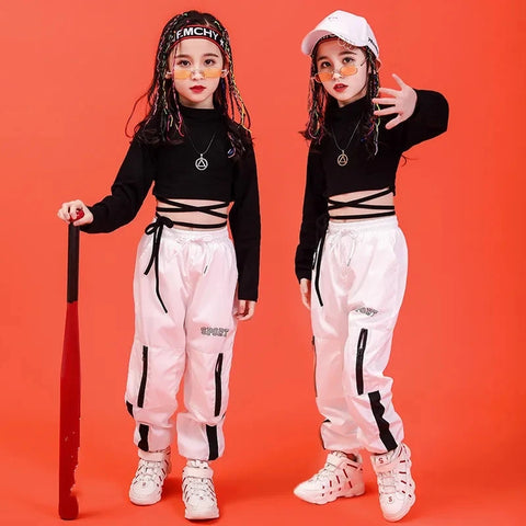 Girls Hip Hop Summer Outfit: Black Cotton Crop Top & White Polyester Pants Set, Streetwear 2-Piece Kids Costume