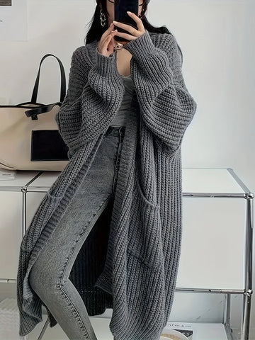 Fall/Winter 2024 Mid-Length Knitted Cardigan with Double Pockets for Women