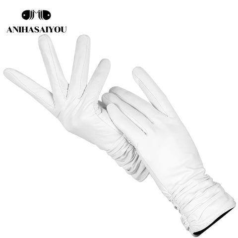 Elegant Women's White Sheepskin Leather Gloves - Winter Warmth, Fashionable & Comfortable