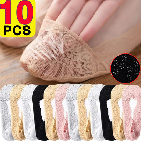 10pc Lace No-Show Socks Women Non-Slip Breathable Ankle Slipper Silicone Grip Ballet Sox