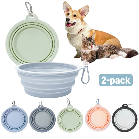 Collapsible Travel Pet Bowls 2-Pack - Portable Silicone Dog Food & Water Dishes with Carabiners