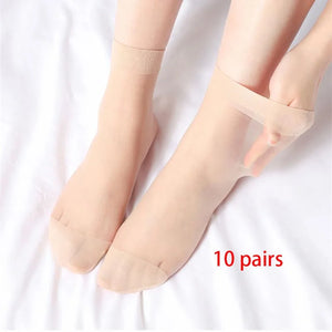 10 Pairs Transparent Thin Crystal Nylon Ankle Socks for Women Summer Fashion Skin Tone