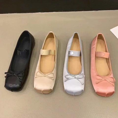 2023 Luxury Satin Silk Ballet Flats for Women - Square Toe Bowtie Elastic Band Ballerina Loafers