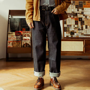 Men's Relaxed Straight Fit Jeans Raw Selvedge Denim Amekaji Style Pants 55501 Red Tornado