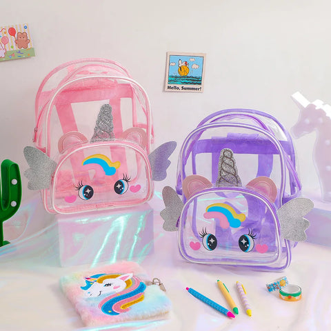 Cute Big-Eyed Unicorn Cartoon Transparent Backpack with Wings - Kids' School Bag