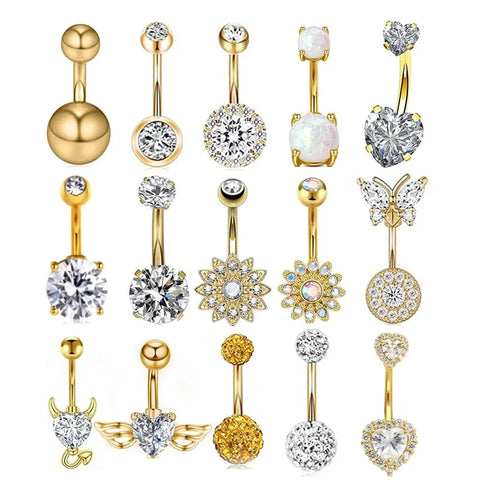 14g Gold Stainless Steel Belly Ring, Flower Heart CZ Crystal, Butterfly Navel Piercing