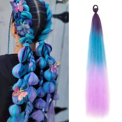 24" Synthetic Long Straight Ponytail Hair Extension with Elastic Band, Colorful DIY Braiding Hair Accessories for Women