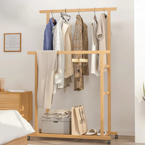 Bamboo Double Clothes Rack with Wheels, Hanging Rails & Storage Shelves, Freestanding Garment & Coat Organizer