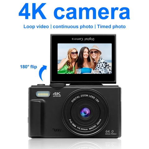 4K 64MP Digital Camera with 18x Zoom, 3'' Flip Screen, Flash, Perfect for Photography and Vlogging