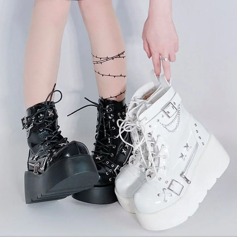 Gothic Platform Vampire Cosplay Women Mid-Calf Boots 2024 Winter Comfy Wedge Motorcycle Shoes