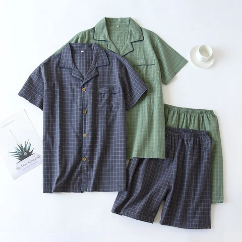 2024 Men's Short-Sleeved Plaid Pajama Set - Washed Cotton Summer Sleepwear Shorts