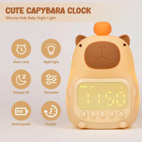 Capybara LED Night Light Silicone Alarm Clock Rechargeable, Dimmable Table Lamp with USB Charging, Timer Function, Birthday Gift