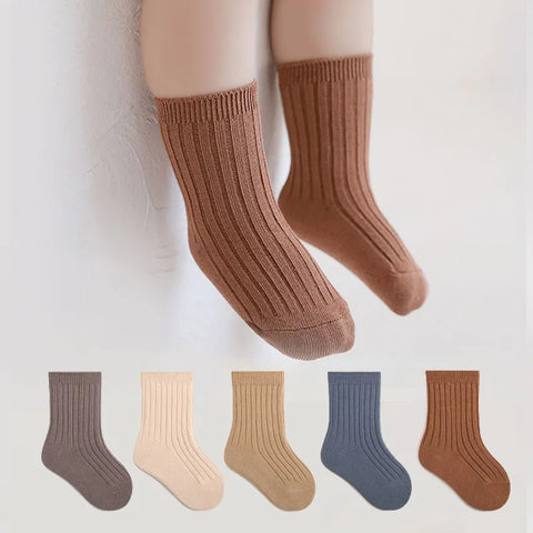 5 Pairs Baby Socks Set - Breathable, Soft Cotton, Solid Colors, Mid Tube, Korean Style, Kids/Toddler Socks