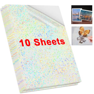 10 Sheets A4 Holographic Transparent Self-Adhesive Cold Laminating Film for Crafts and Photos - Stars & Dots Pattern