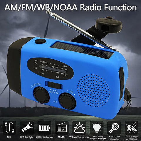 2000mAh Portable Emergency Weather Radio - Solar Hand Crank, FM, USB Rechargeable, Battery Operated
